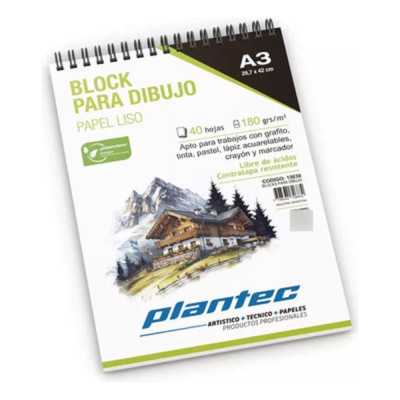 Block A3 para dibujo de 180 gramos Blanco Liso x40 hojas anillado Plantec